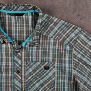 Arcteryx Peakline Shirt Mens XL Gray Teal Plaid Short Sleeve Button Up Hiking